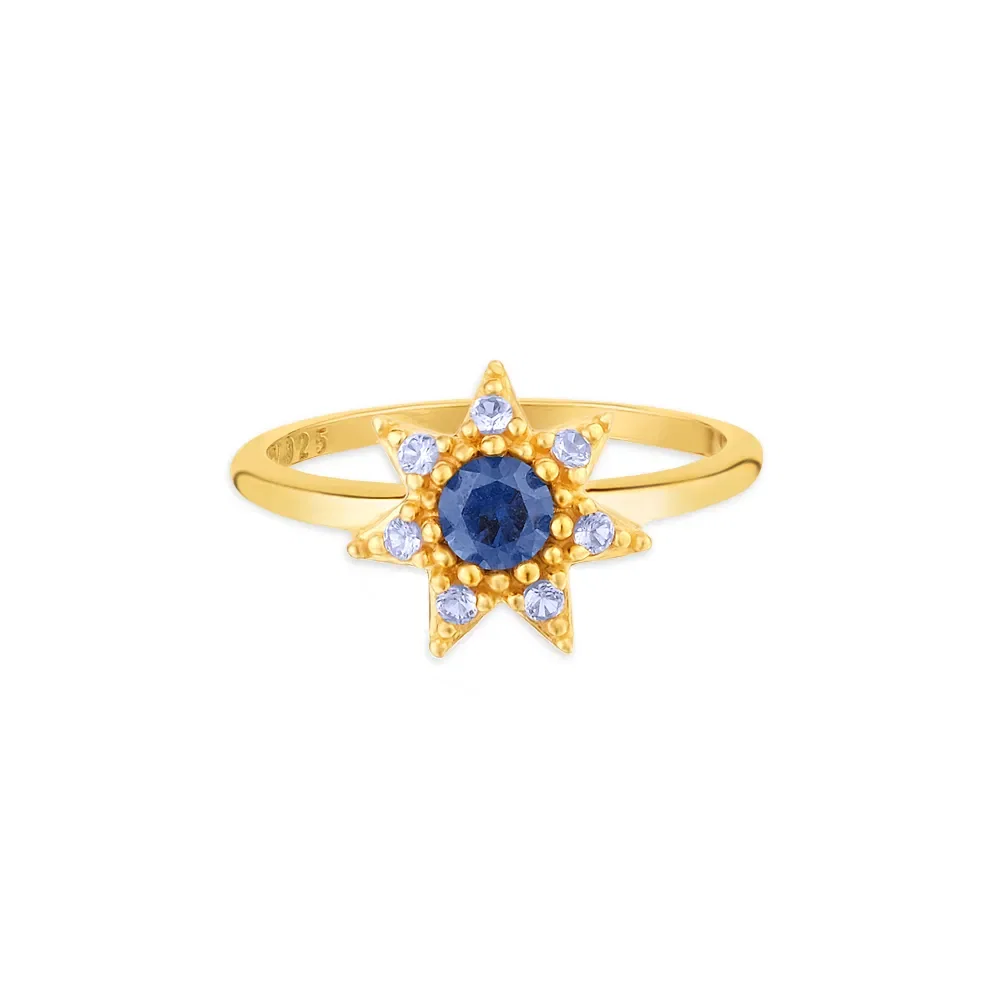 Anel Life Cosmic em Prata 925 com Banho de Ouro Amarelo 18k, Pedras Azul e Incolores