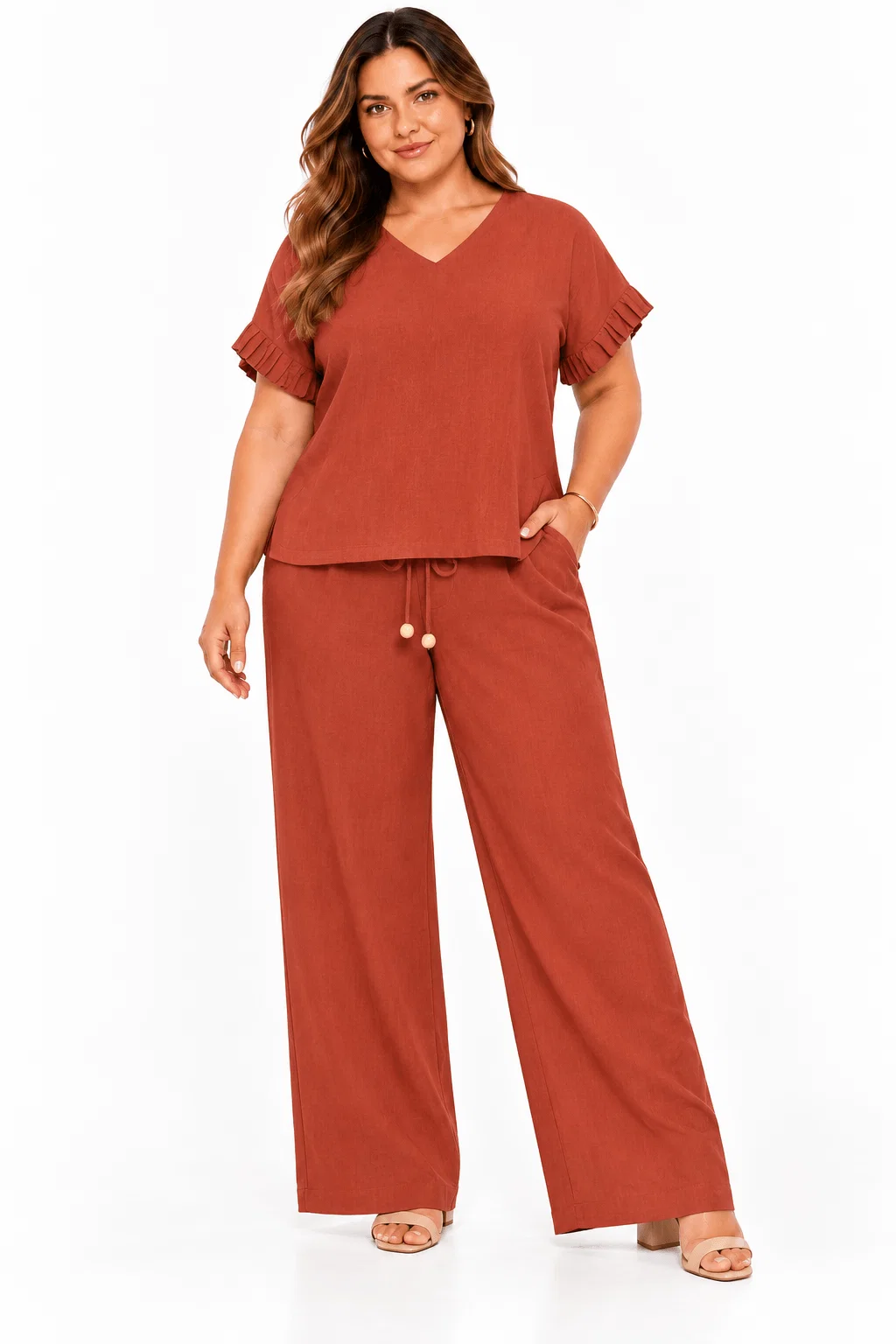 Blusa Ampla Decote v Manga Plissada - Terracota
