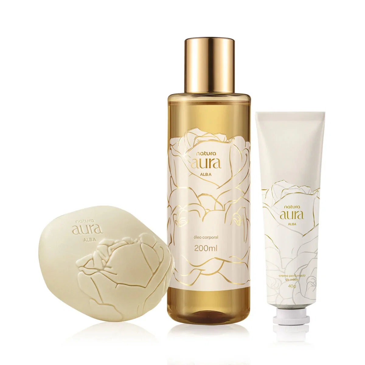 Kit Óleo Corporal, Creme para as Mãos e Sabonete em Barra Natura Aura Alba