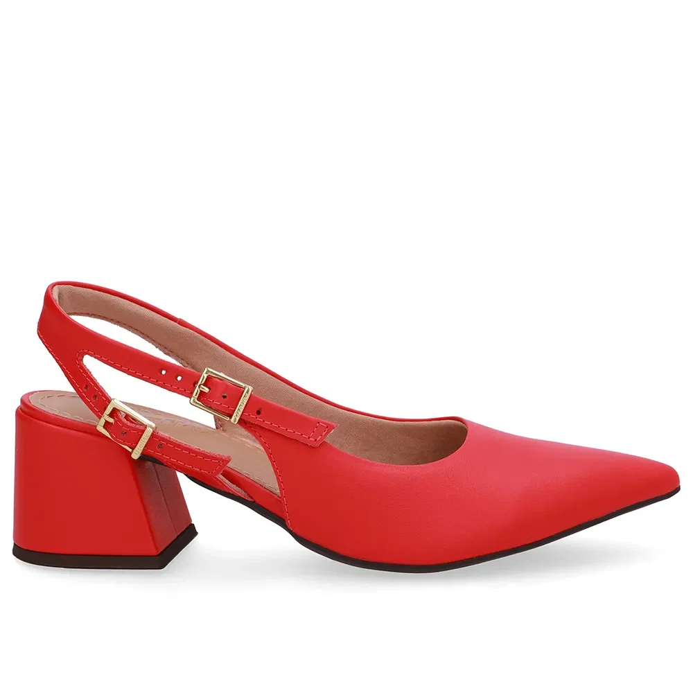 Slingback Vermelho Salto Bloco Couro Tira Dupla Lateral — imagem 1
