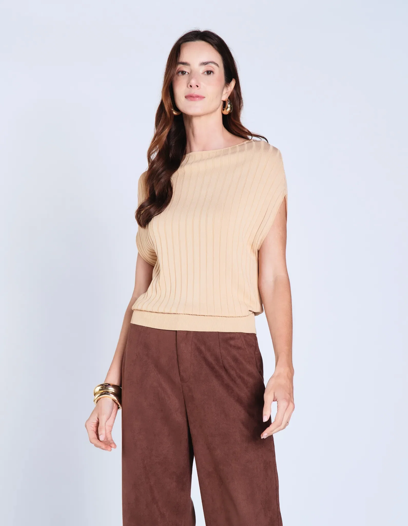 Blusa Sem Manga Tricot Barra Canelada - Caqui — imagem 1