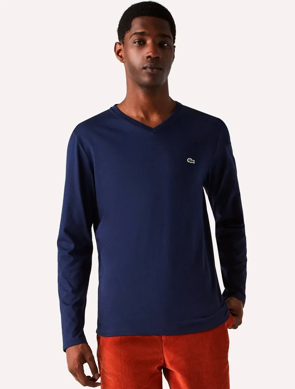 Camiseta Lacoste Masculina Manga Longa Jersey Pima Cotton V-Neck Lightweight Azul Marinho
