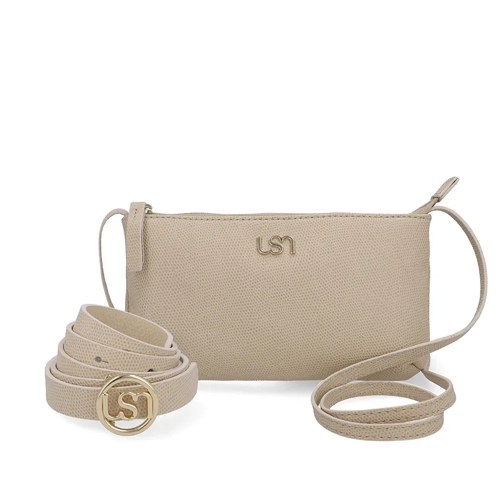Kit Bolsa Tiracolo Cinto Couro Bege