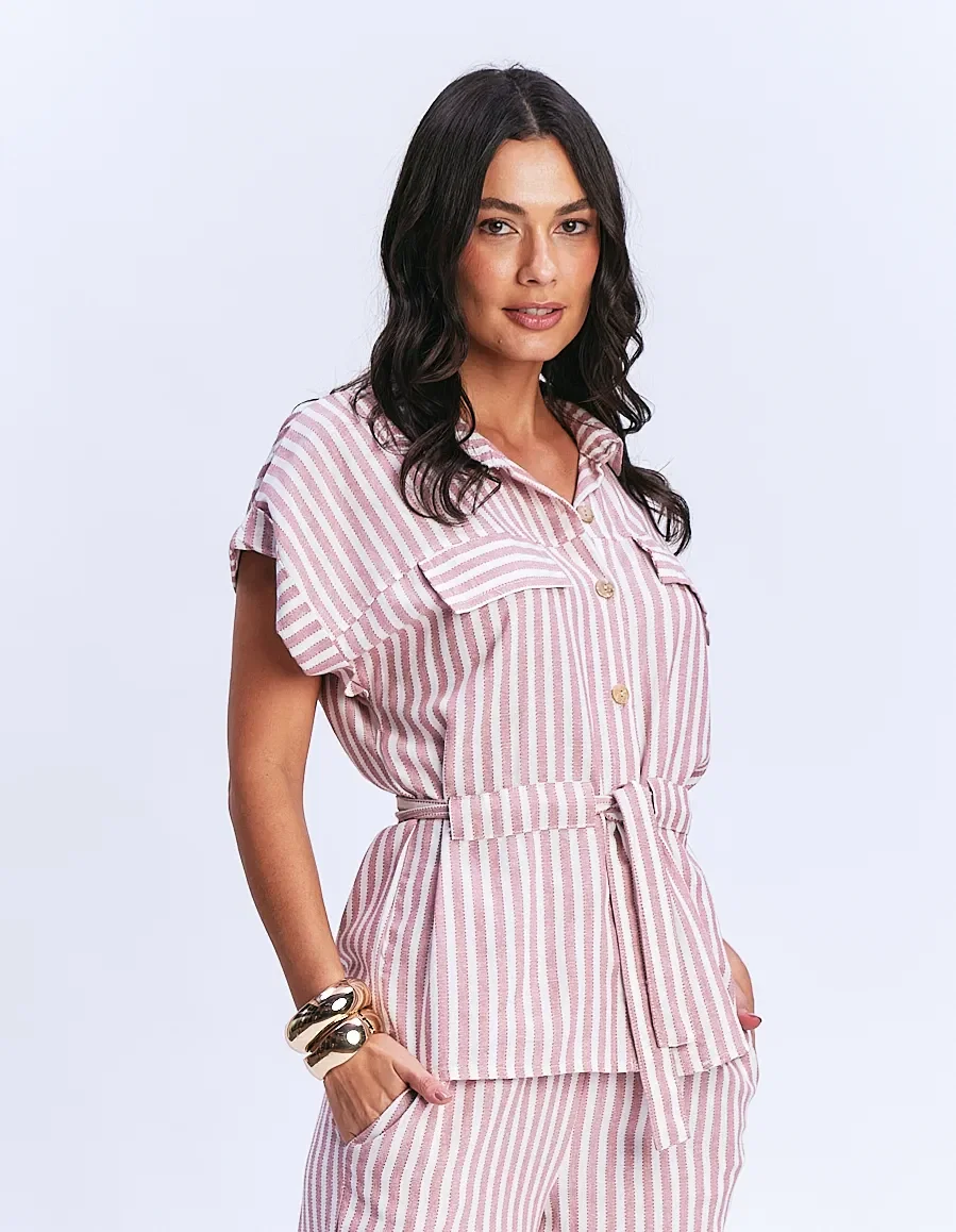 Blusa Listrada Com Bolsos - Vermelho