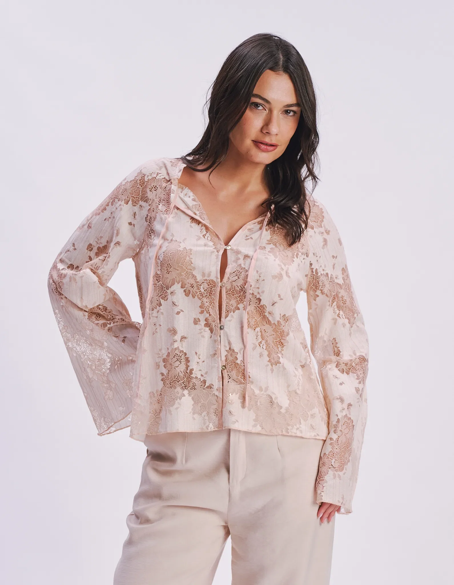 Blusa Manga Longa Rendada - Salmao — imagem 1