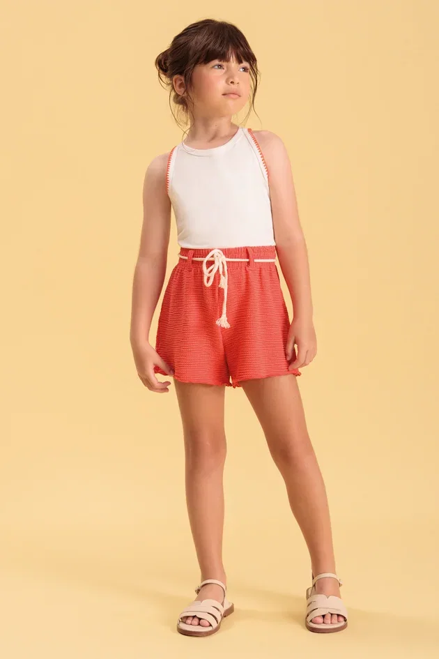 Conjunto Infantil Feminino Regata Slim em Cotton e Shorts Curto em Malha Texturizada
