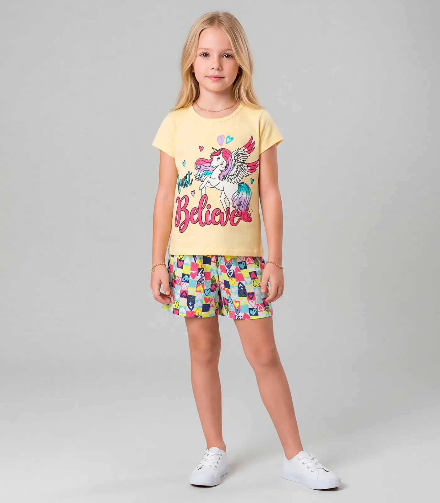 Pijama Verão Menina Curto Algodão Kappes Amarelo