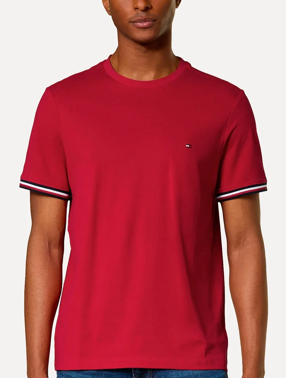 Camiseta Tommy Hilfiger Masculina Piquet Global Stripe Cuff Vermelha — imagem 1