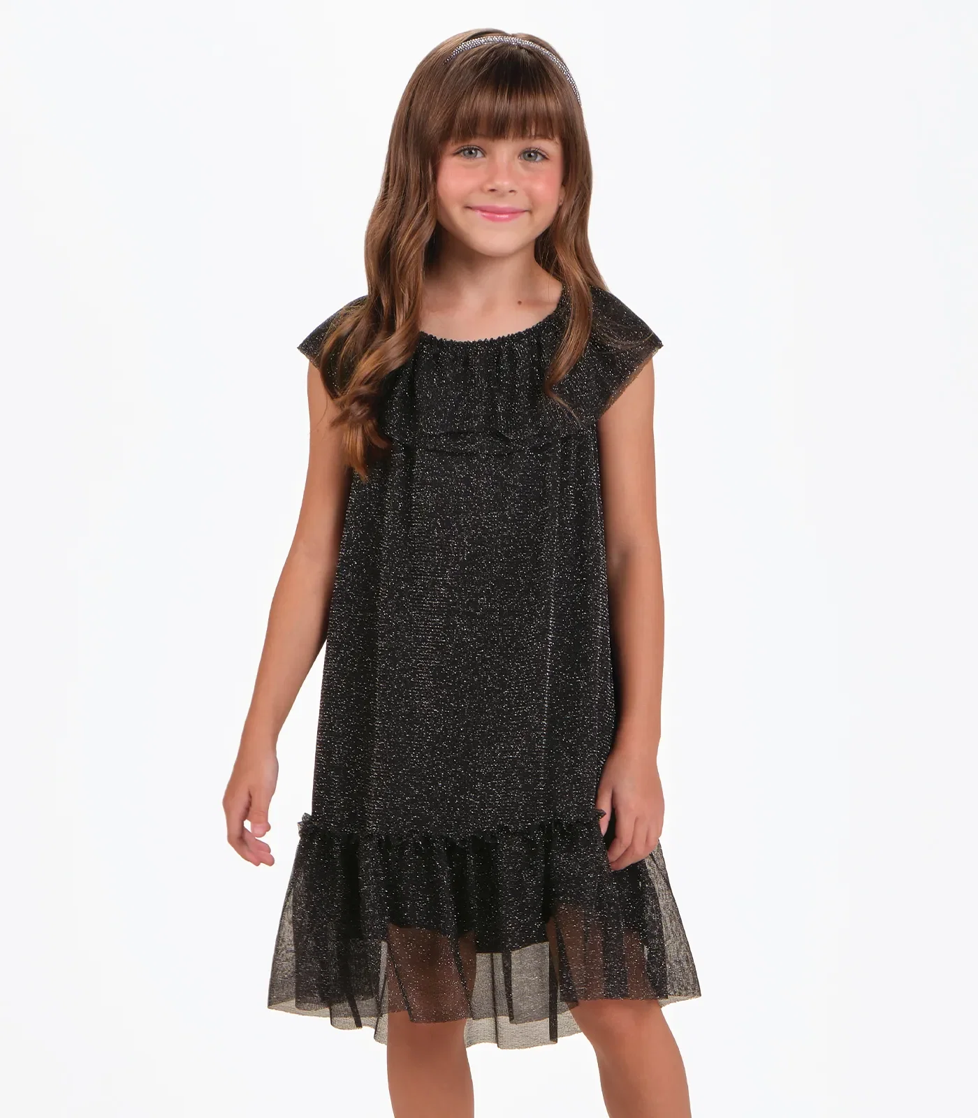 Vestido Tule Shine e Cotton Leve Trick Nick Preto