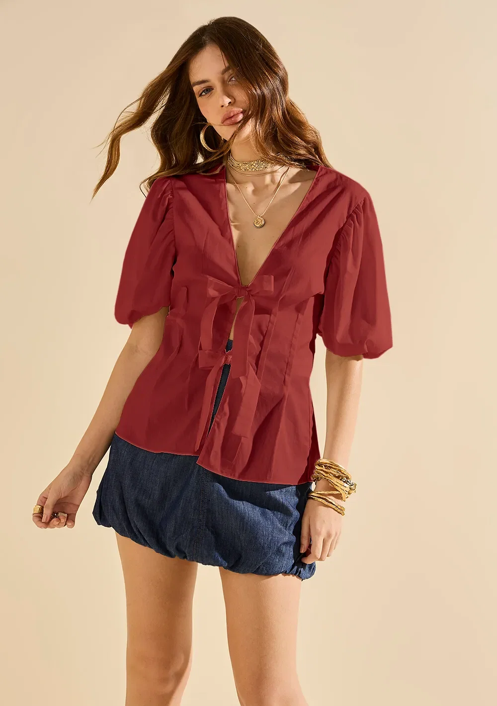 Blusa Morena Rosa Ajustada Decote V Manga Curta Padrão Caramelo