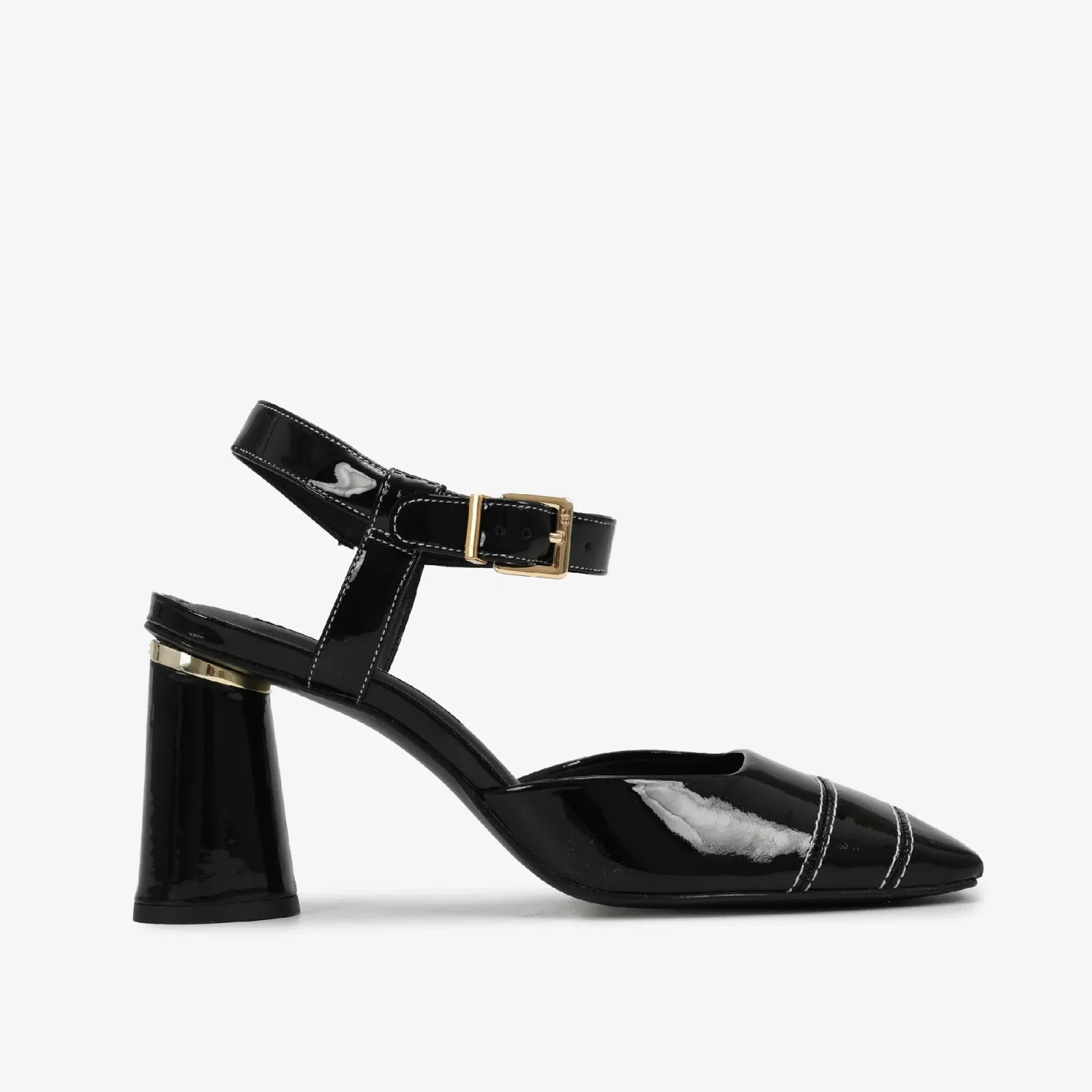 Slingback Preto Salto Alto Bloco Couro Brilhoso — imagem 1