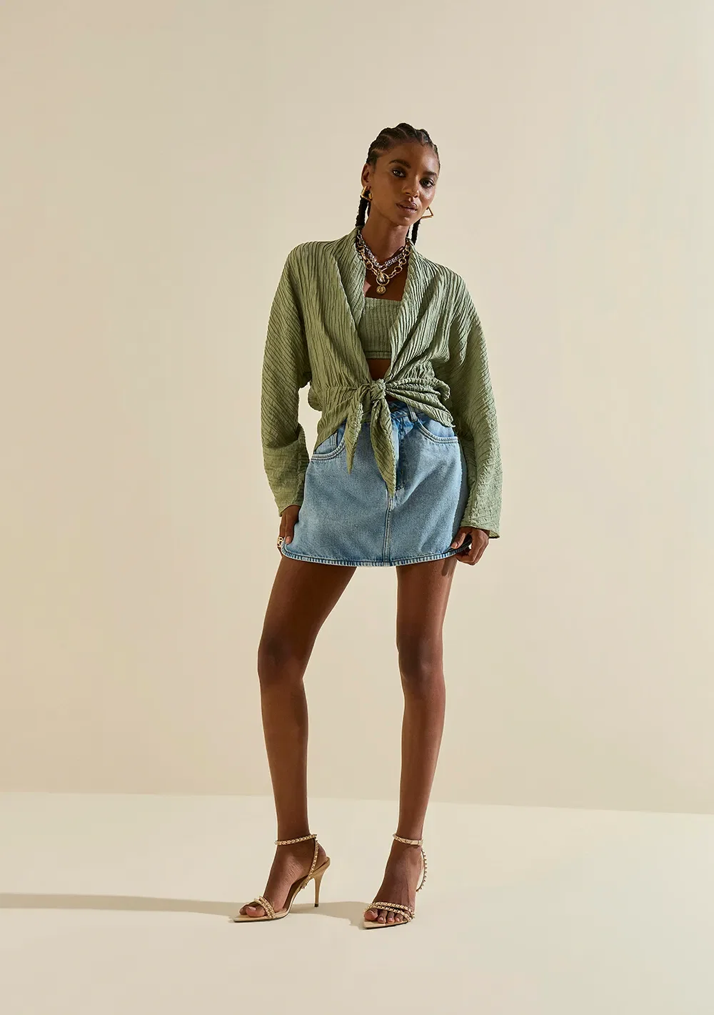 Blusa Morena Rosa Ajustada Decote V Manga Longa Padrão Verde