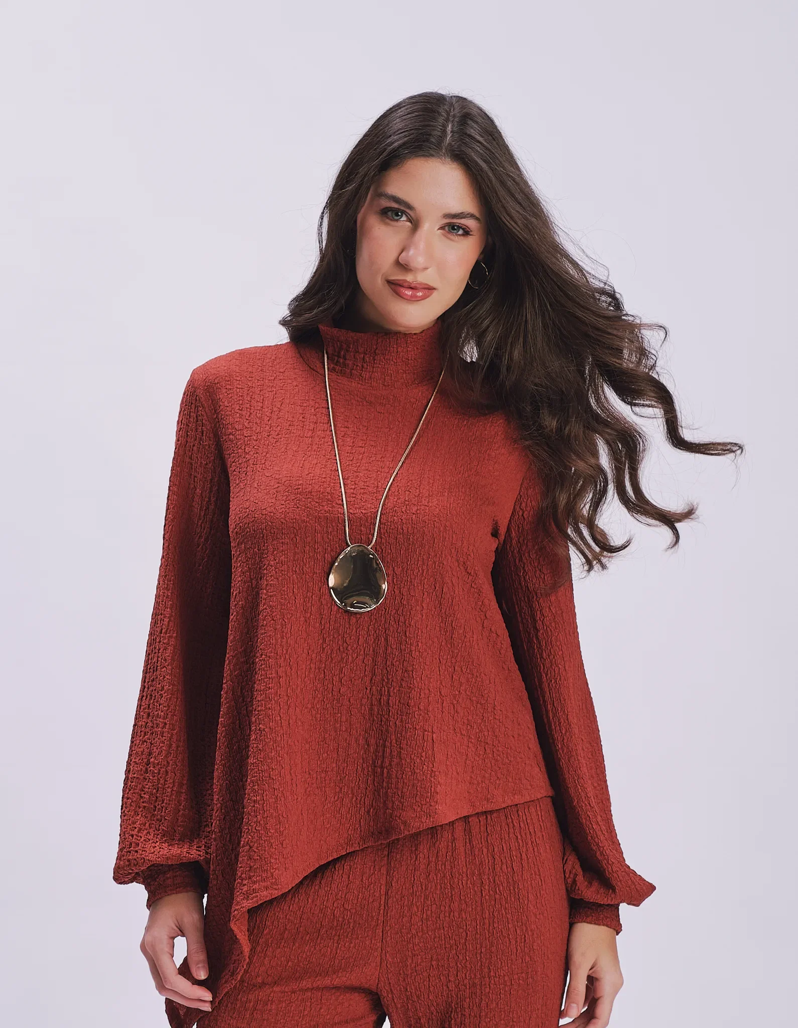 Blusa Manga Longa Assimétrica Texturizada - Terracota — imagem 1