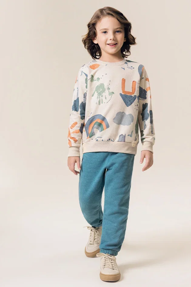 Conjunto Infantil Casaco Estampado e Calça em Moletom