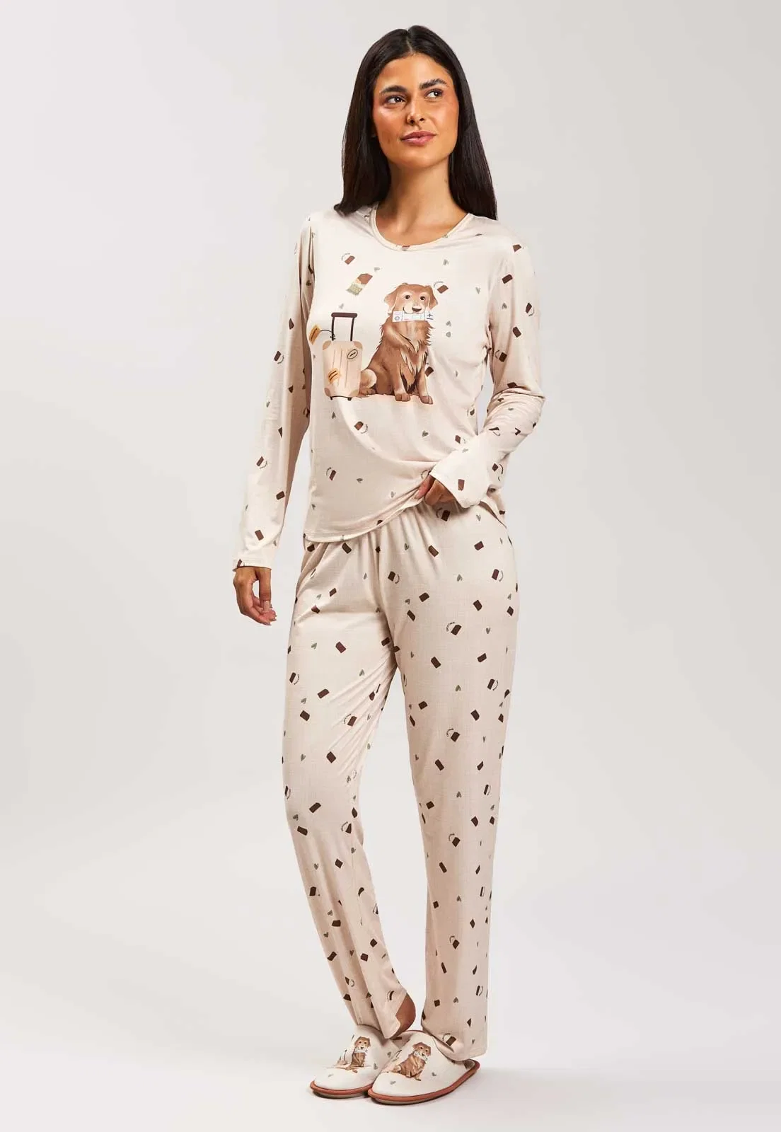 Pijama Blusa Longa Com Calça de New Skin Baunilha