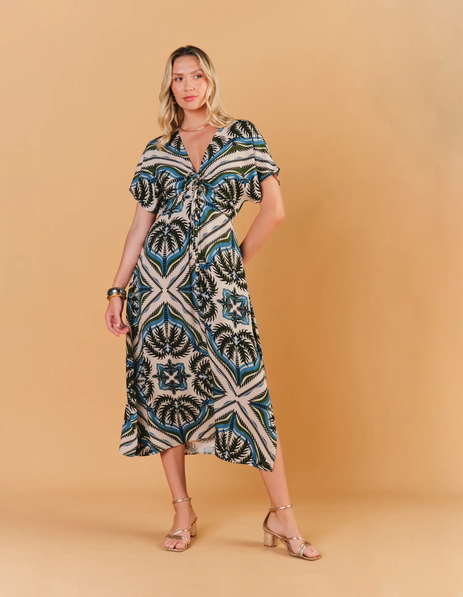 Vestido Midi Estampado Lenço Coqueiro - Areia