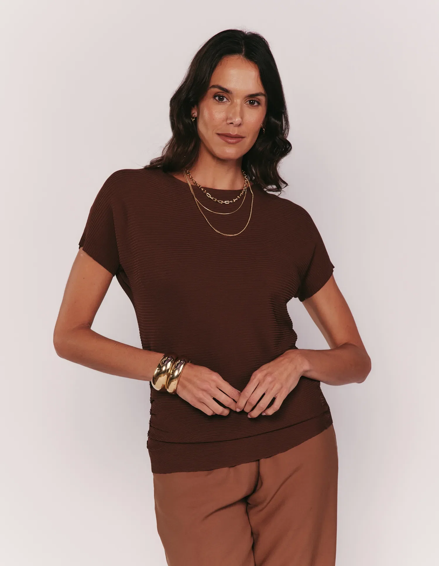 Blusa Manga Curta Tricot Botões - Marrom — imagem 1