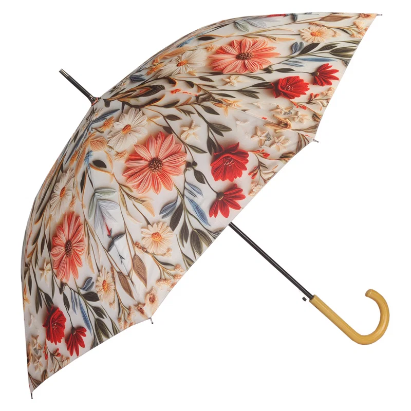Guarda Chuva Tecido Estampa Floral Cabo Curvo Cor Madeira