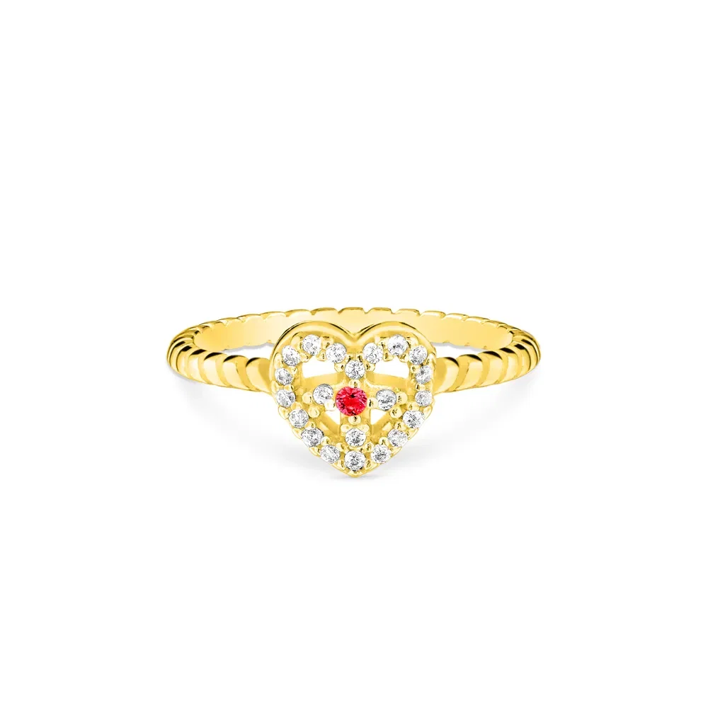 Anel Life Patuás III Coração Paz e Amor em Prata 925 com Banho de Ouro Amarelo 18k e Pedras Vermelha e Incolores