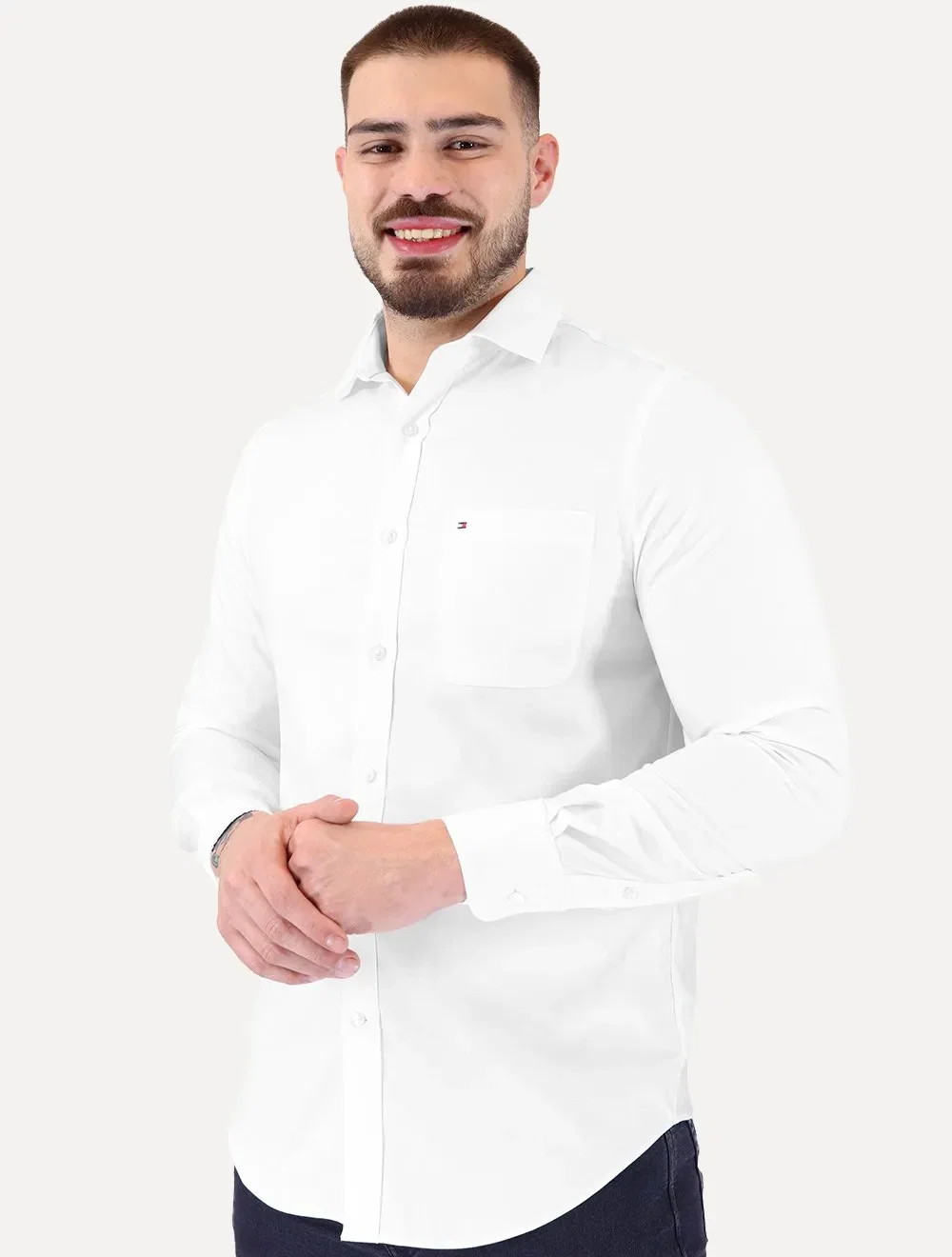 Camisa Tommy Hilfiger Masculina Regular TH Flex Textured Pocket Stretch Branco — imagem 1