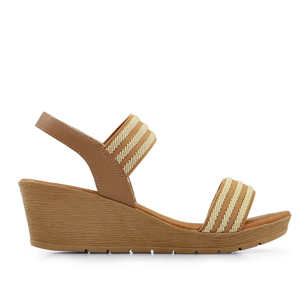 Sandália Plataforma Elástico Bicolor Camel