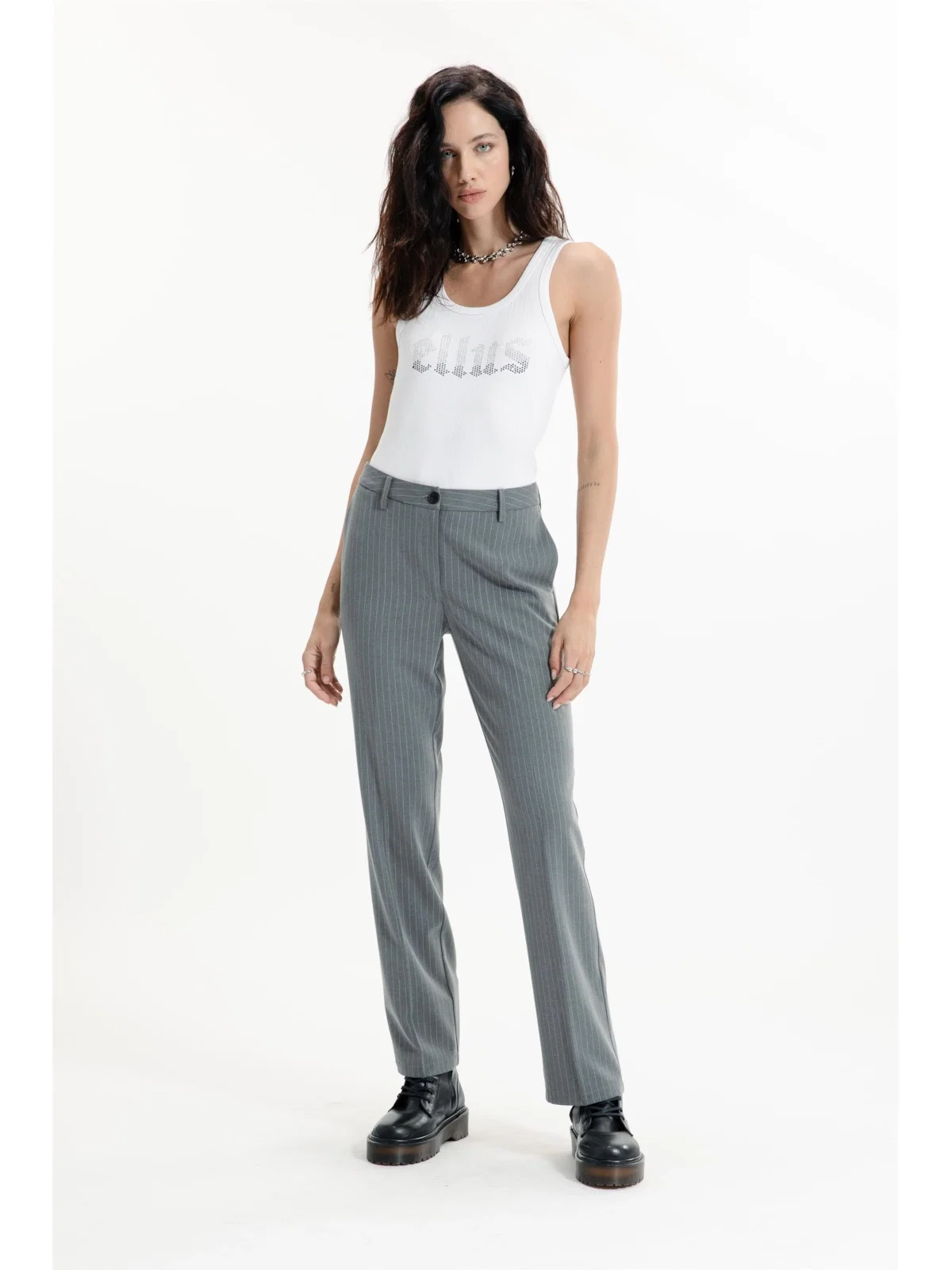 Nordic Stripe B. Embutido Reta Pants Cinza Medio — imagem 1