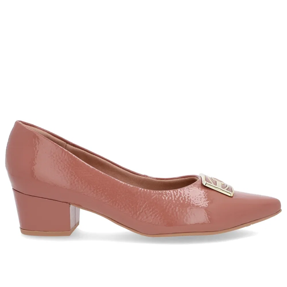 Scarpin Bico Fino Verniz Rosa Salto Bloco Enfeite — imagem 1