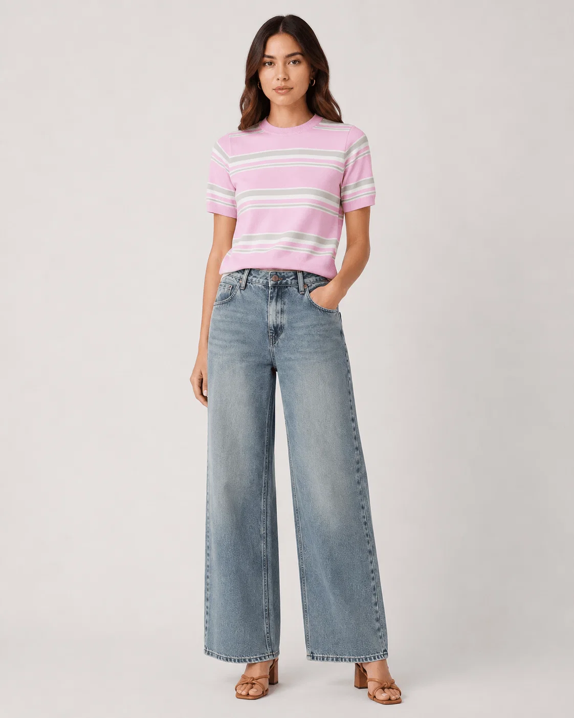Blusa Tricô Manga Curta Listras - Rosa — imagem 1