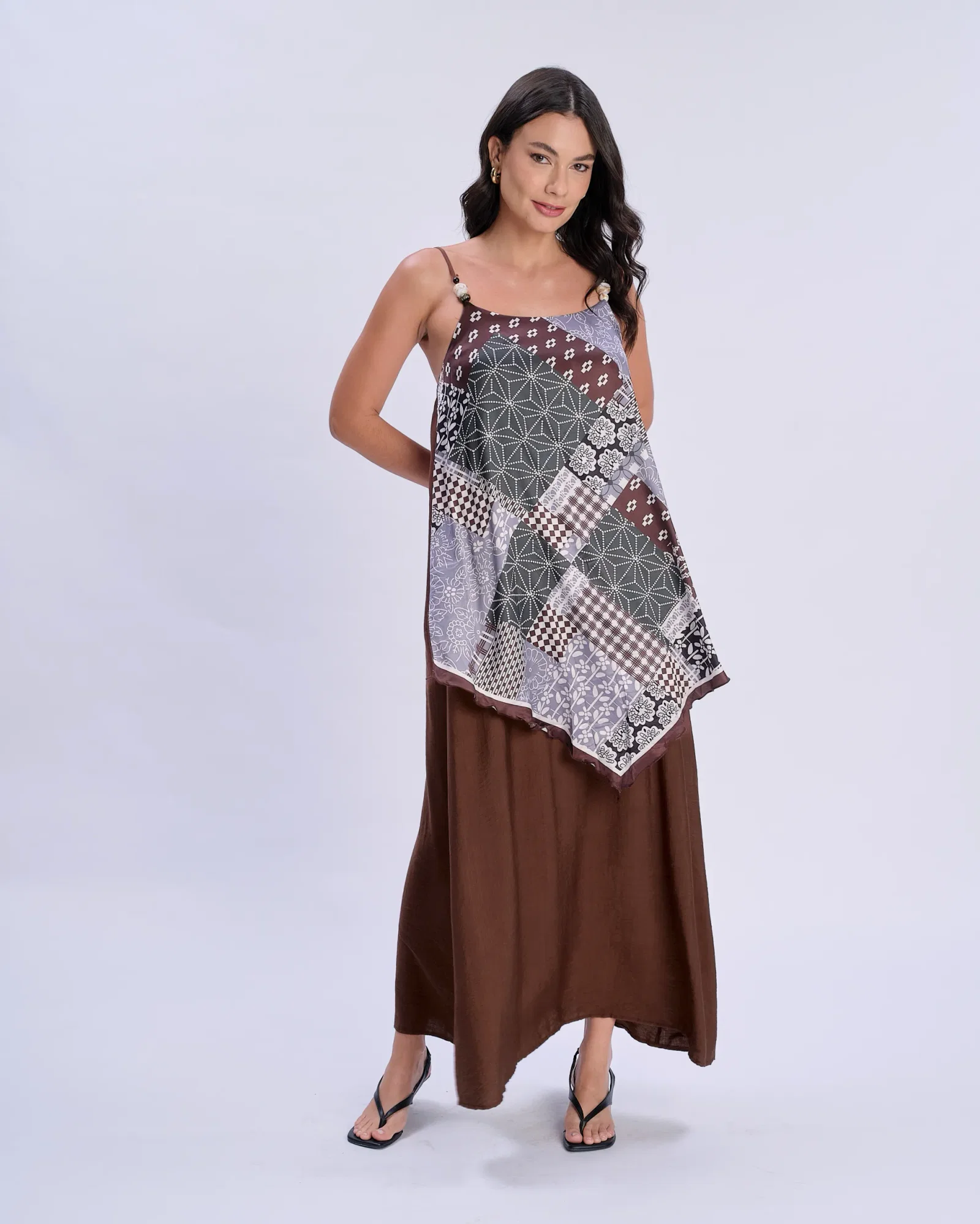 Vestido Longo Detalhe Lenço Sobreposto - Marrom — imagem 1