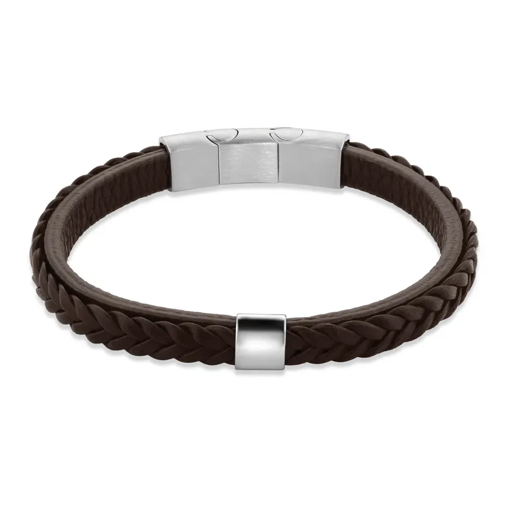Pulseira Life Trançada em Couro Marrom com Aço