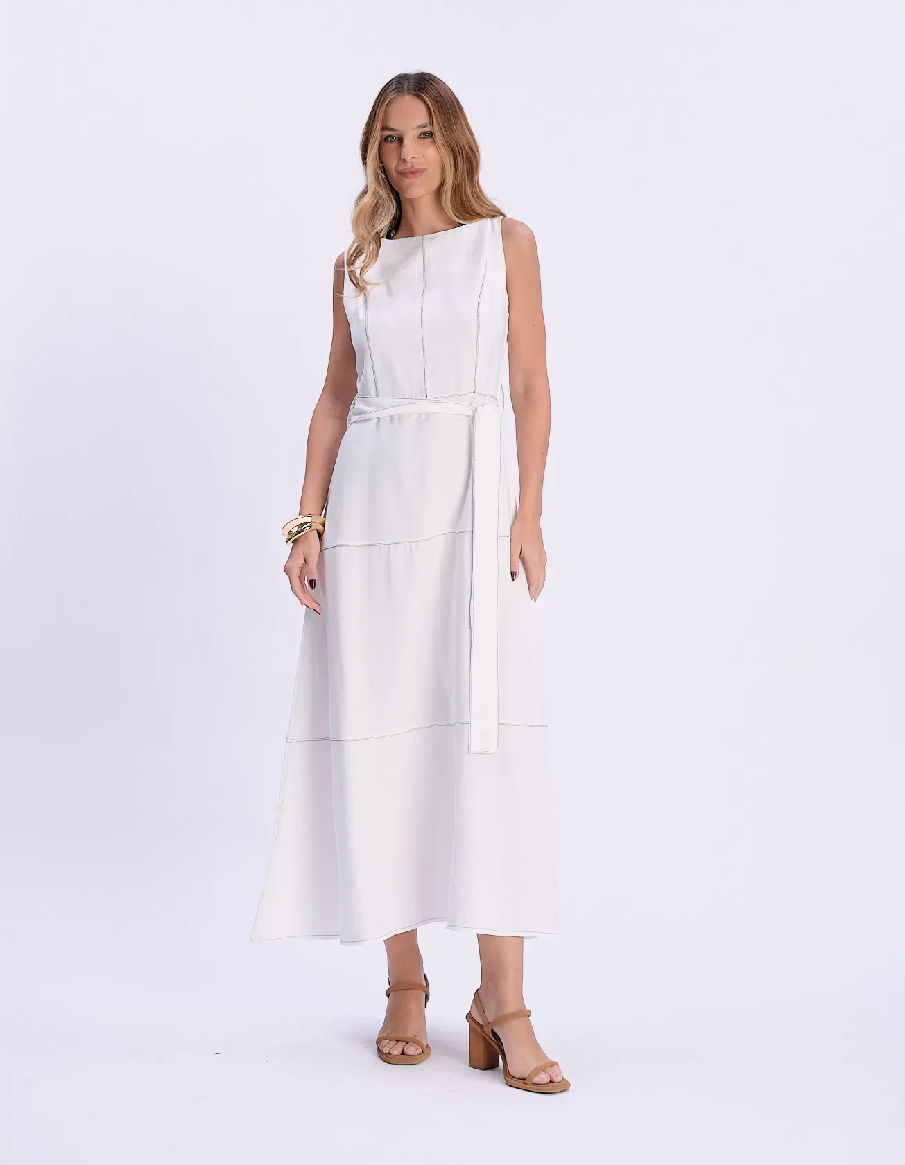 Vestido Longo Pesponto Contrastante - Branco