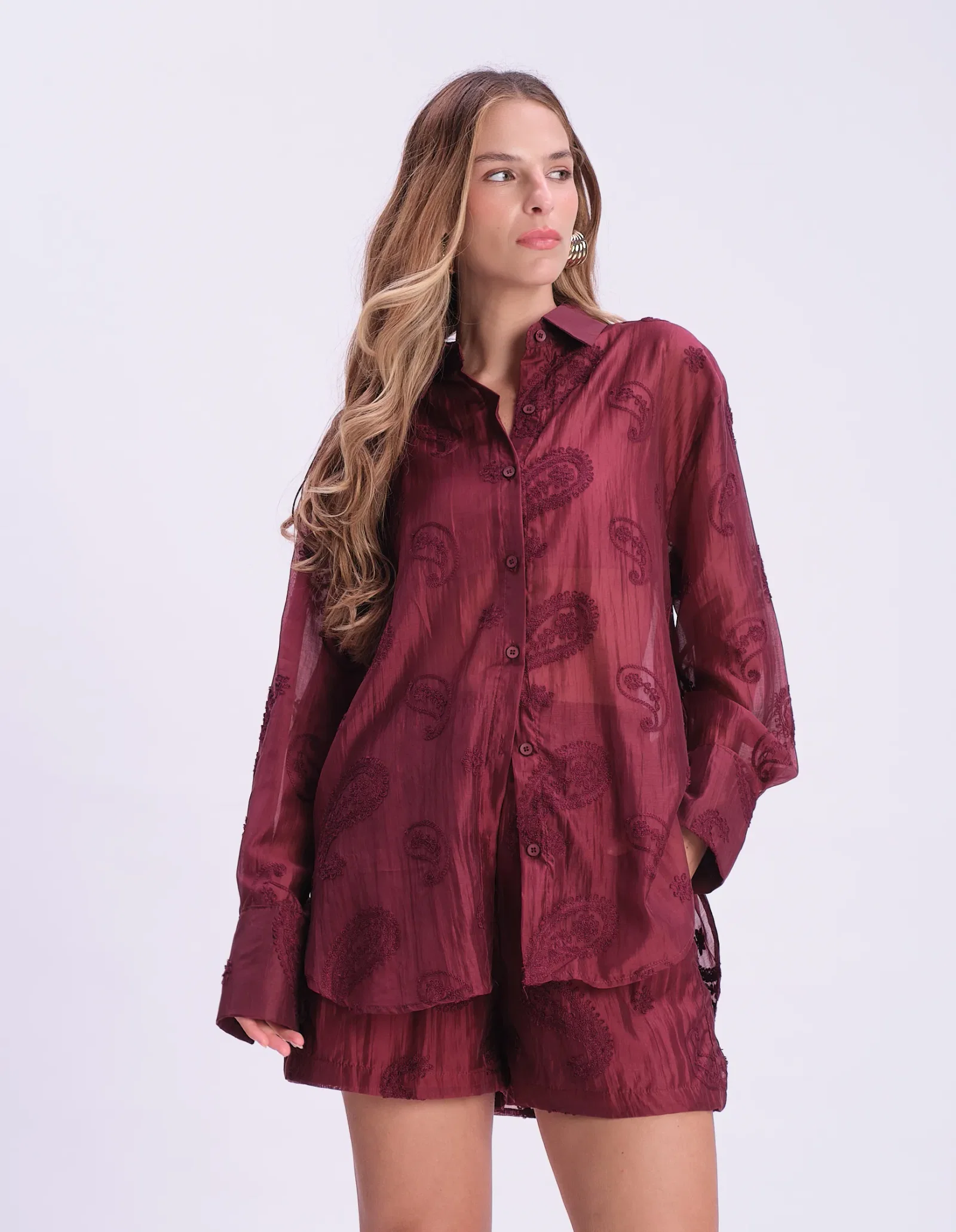 Camisa Manga Longa Liocel Paisley - Vinho — imagem 1