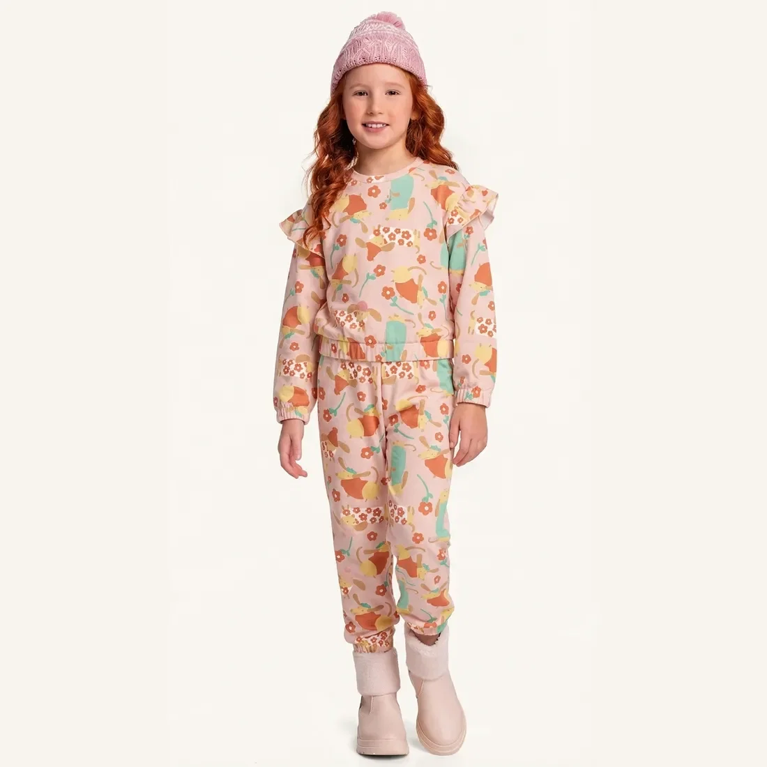 Conjunto blusão com elástico e calça em molecotton cachorrinho