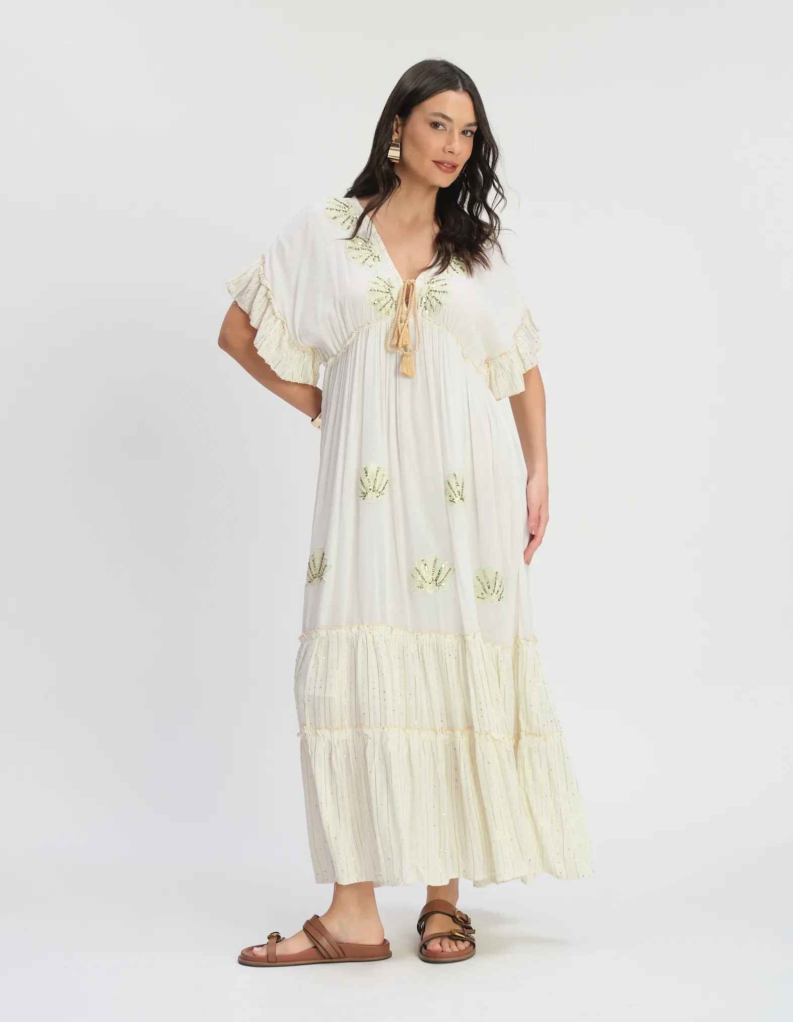 Vestido Longo Detalhe Bordado Concha - Off White — imagem 1