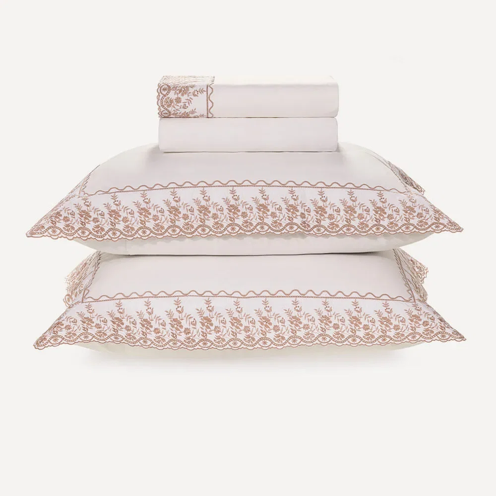 Jogo de Cama King 200 Fios Bordado Antônia Branco / Rosa