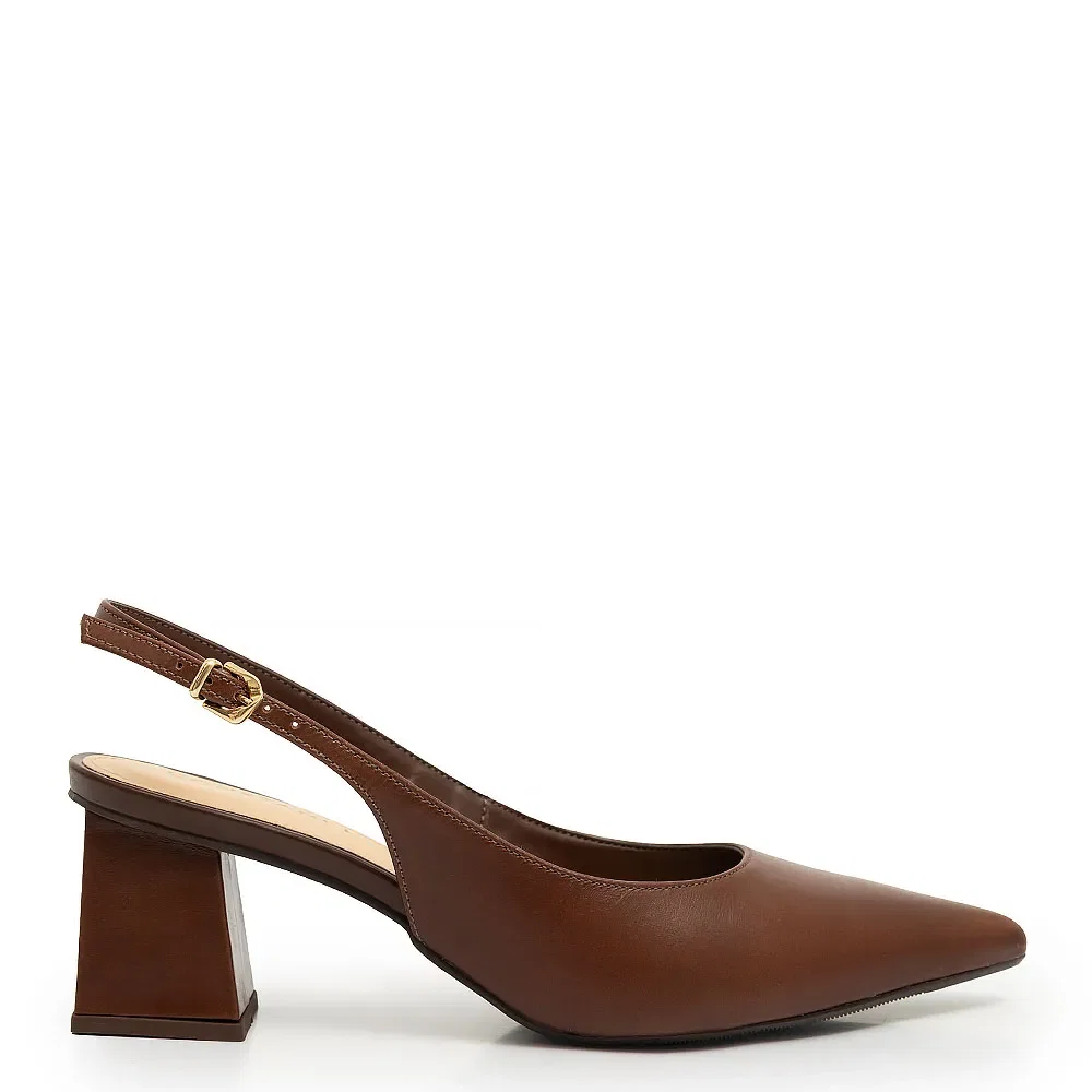 Scarpin Slingback Marrom Couro Salto Bloco — imagem 1
