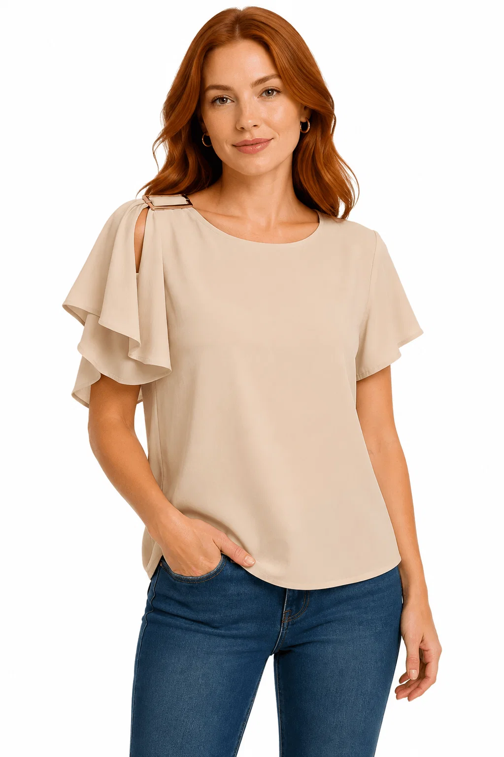 Blusa Manga Ampla Detalhe Ombro - Bege — imagem 1