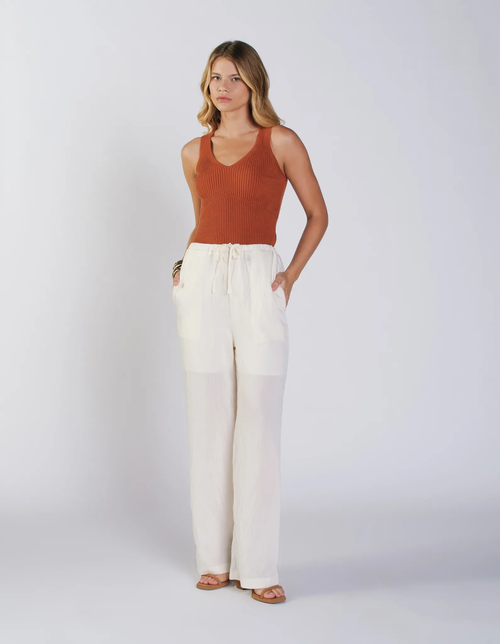Calça Reta Cós Amarrações - Off White