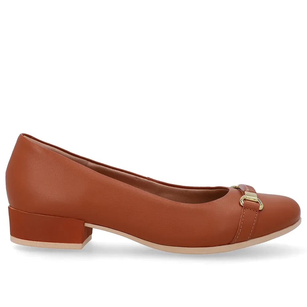 Scarpin Couro Liso Marrom Salto Bloco