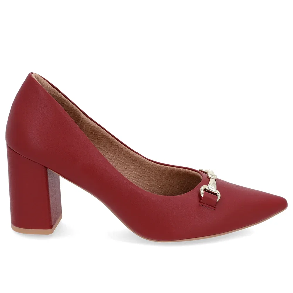 Scarpin Salto Bloco Couro Vermelho Bridão Bico Fino — imagem 1