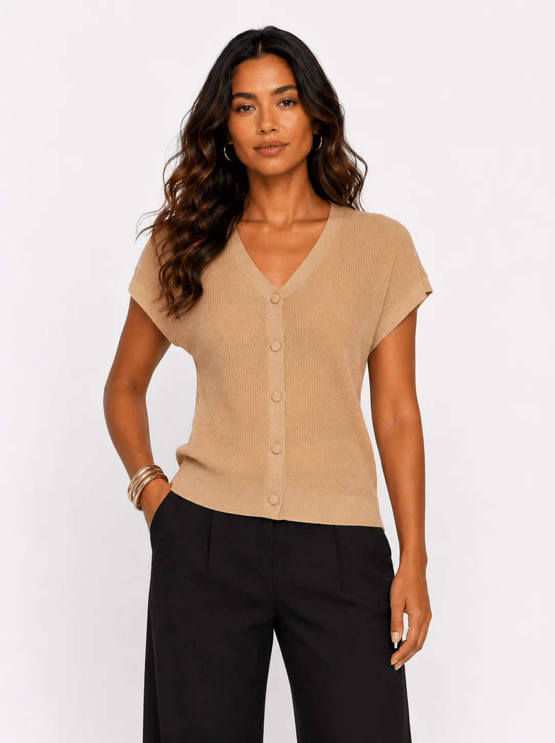 Blusa Tricot Manga Curta Com Botões - Capuccino — imagem 1