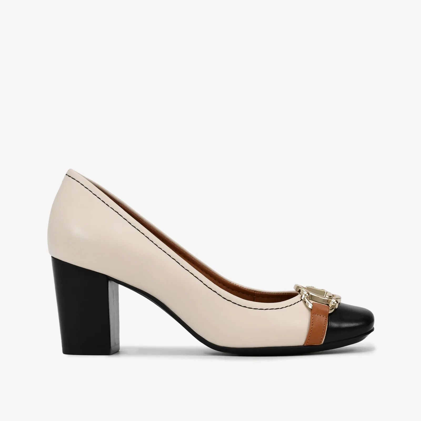 Scarpin Salto Bloco Off White Preto Marrom Couro — imagem 1