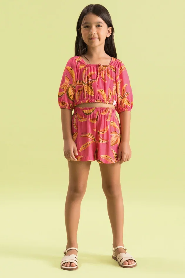 Conjunto Infantil Menina Sustentável com Blusa Cropped e Short em Viscose Ecovero