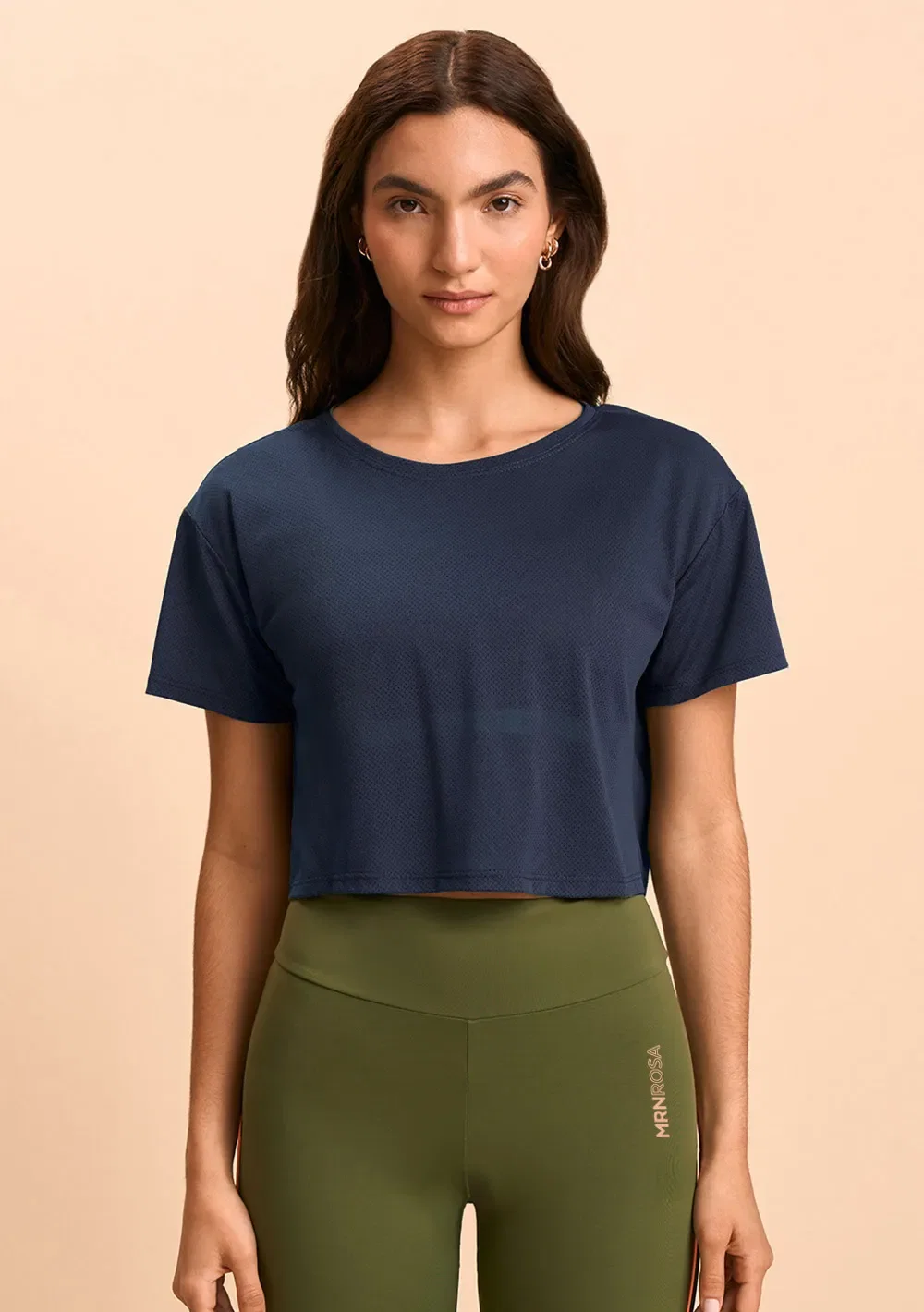 Blusa Morena Rosa Solta Decote Careca Manga Curta Cropped Azul Escuro