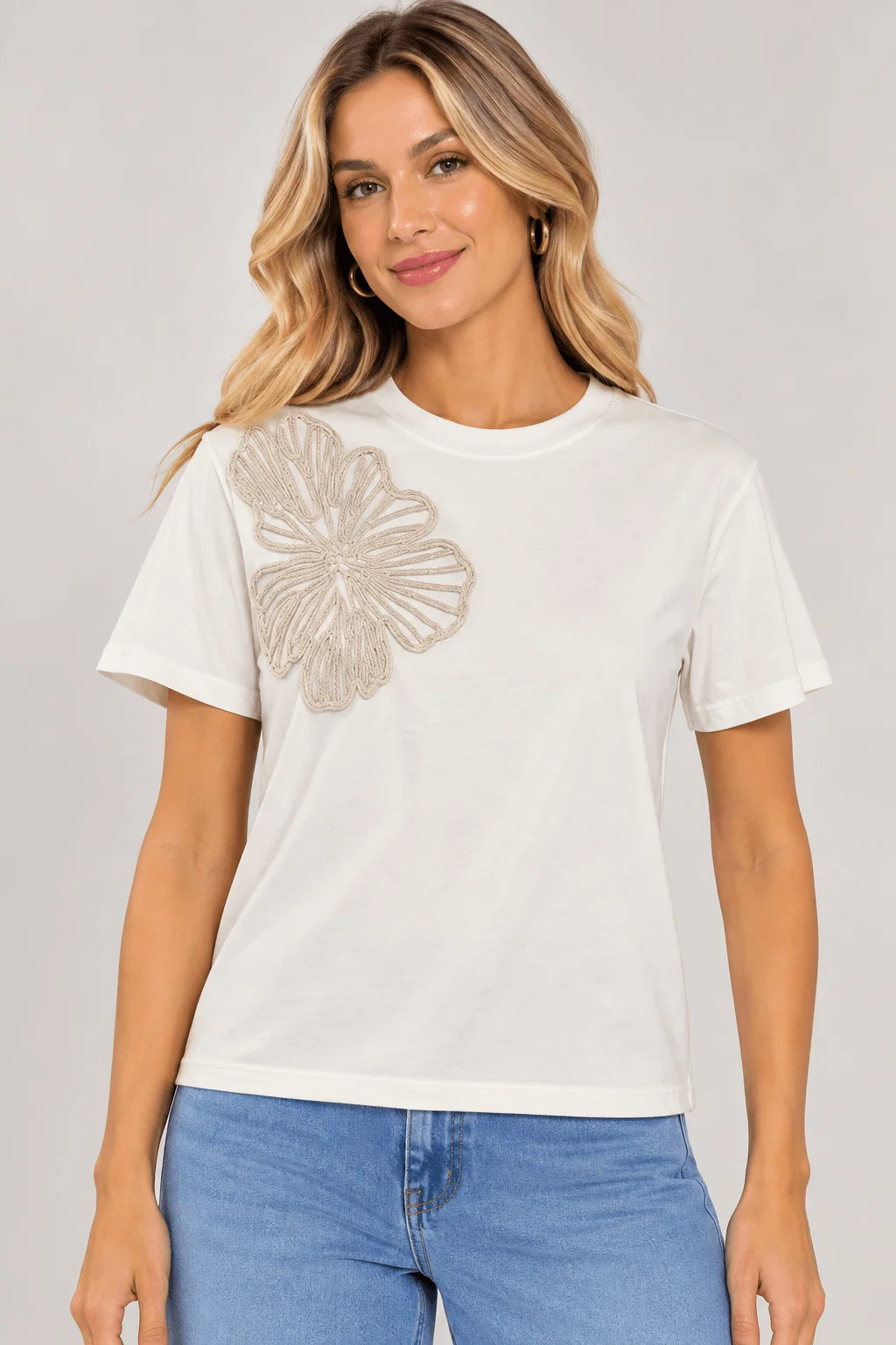 Blusa Bordado Cordonê Flor Maxi Lurex - Branco