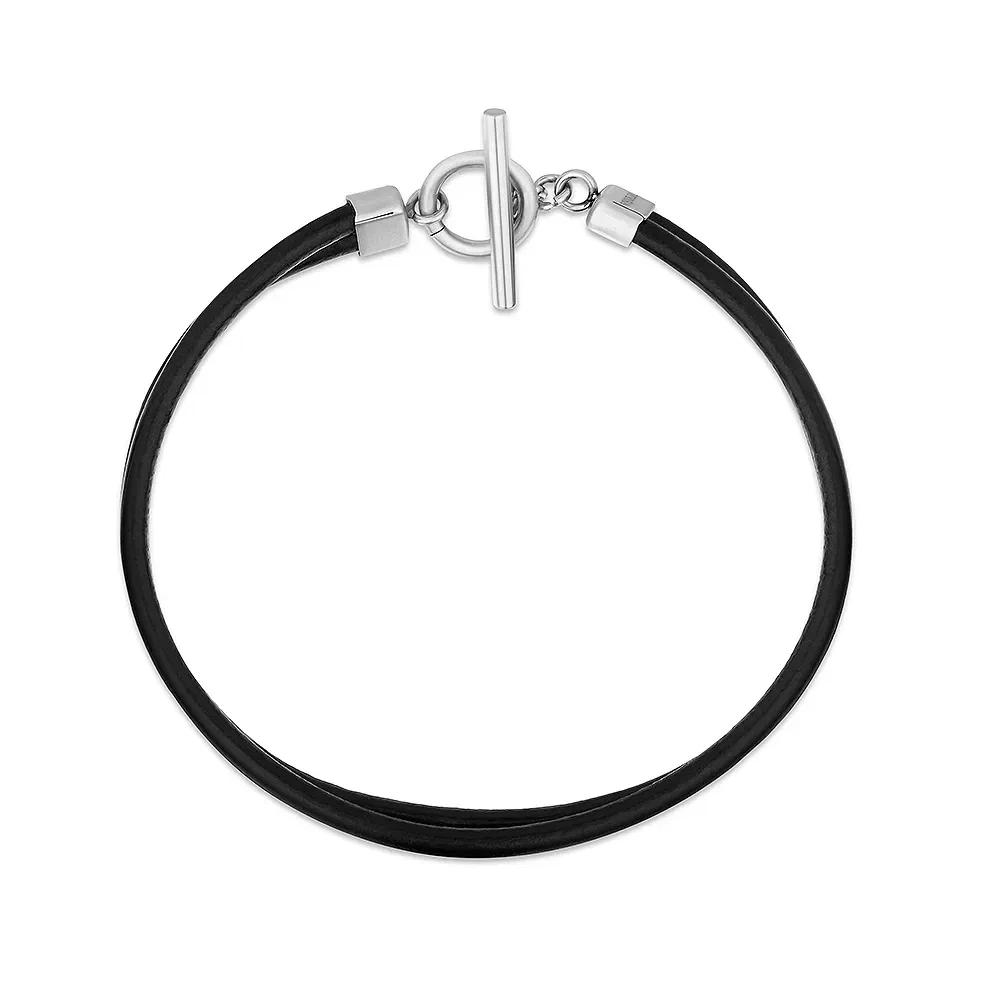 Pulseira Life em Couro III Preto com Aço