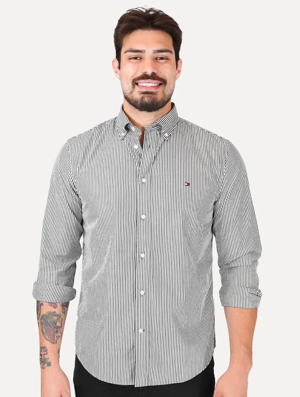 Camisa Tommy Hilfiger Masculina Regular THFlex Poplin Classic Stripe Preta — imagem 1