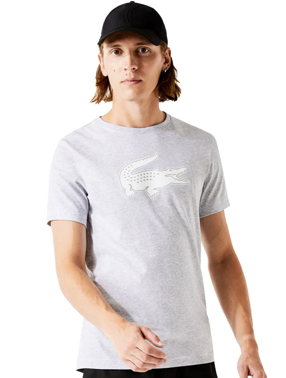Camiseta Lacoste Masculina Jersey Sport 3D White Logo Cinza Mescla