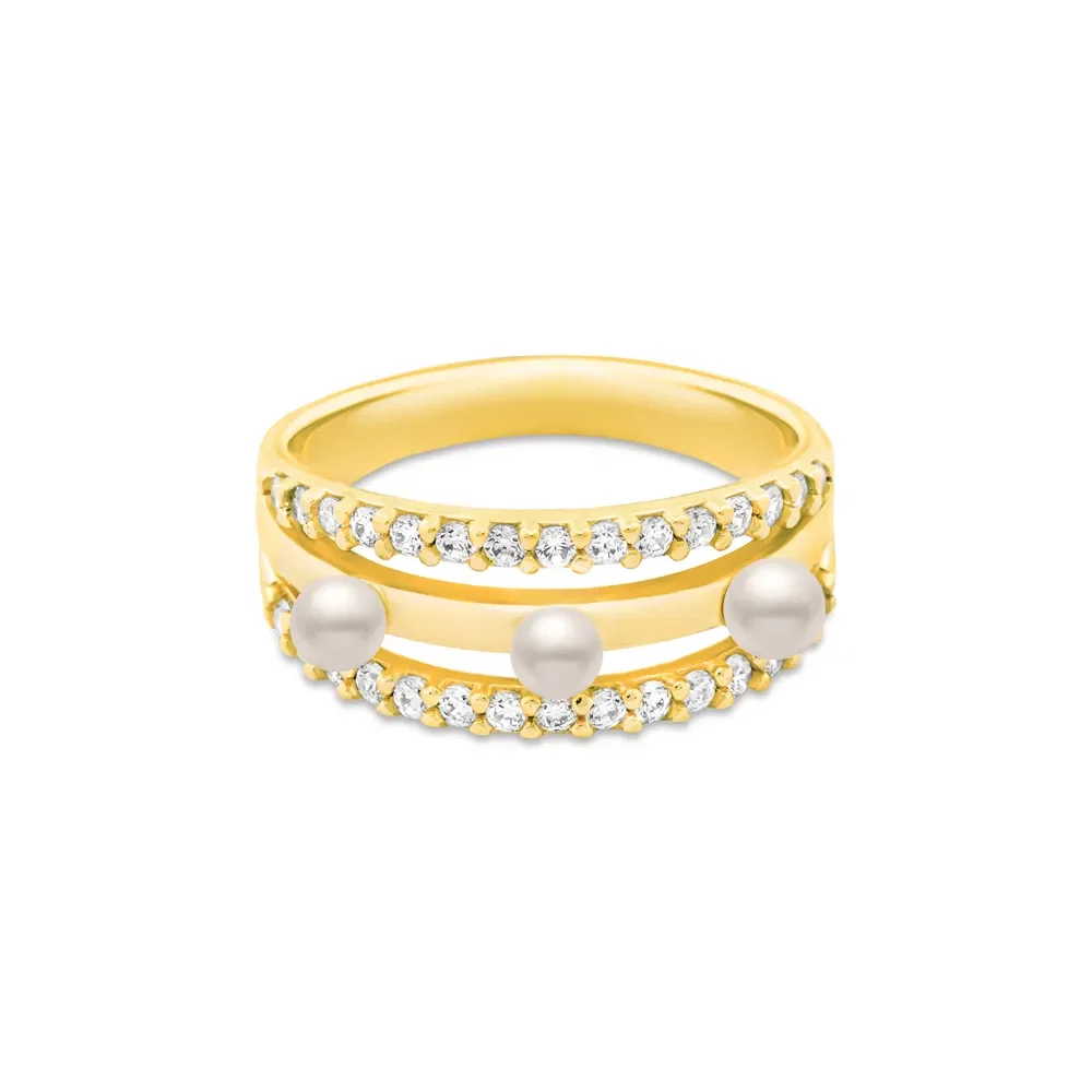 Anel Life Pérola em Prata 925 com Banho de Ouro Amarelo 18k e Pedras Incolores