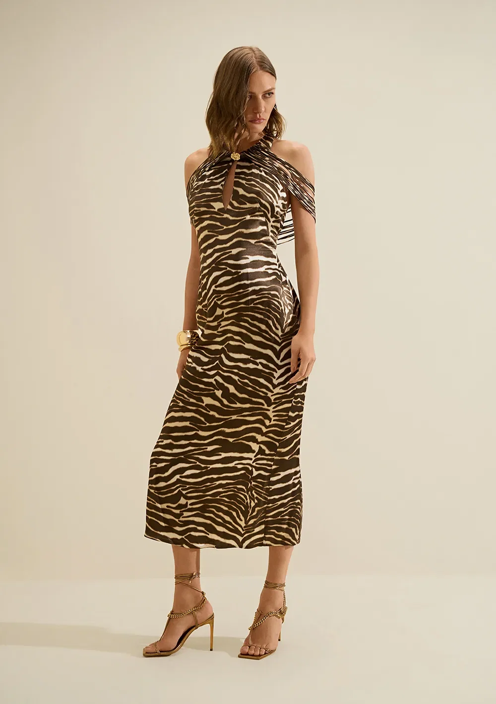 Vestido Gola Alta Miragem Bege